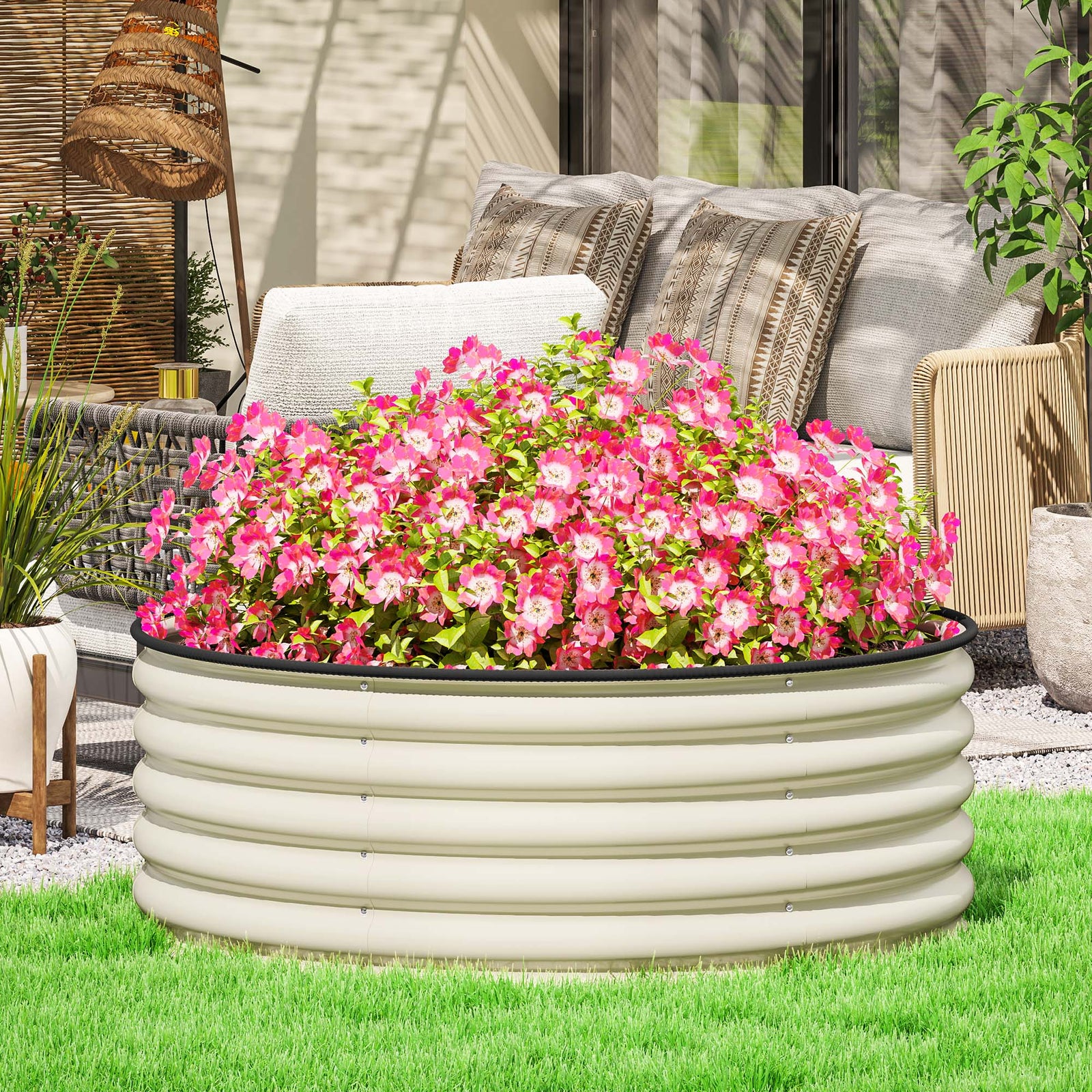 Galvanised Raised Garden Bed with Safety Edging, Outdoor Raised Planter Box with Gloves, 120 x 120 x 43cm, Cream White