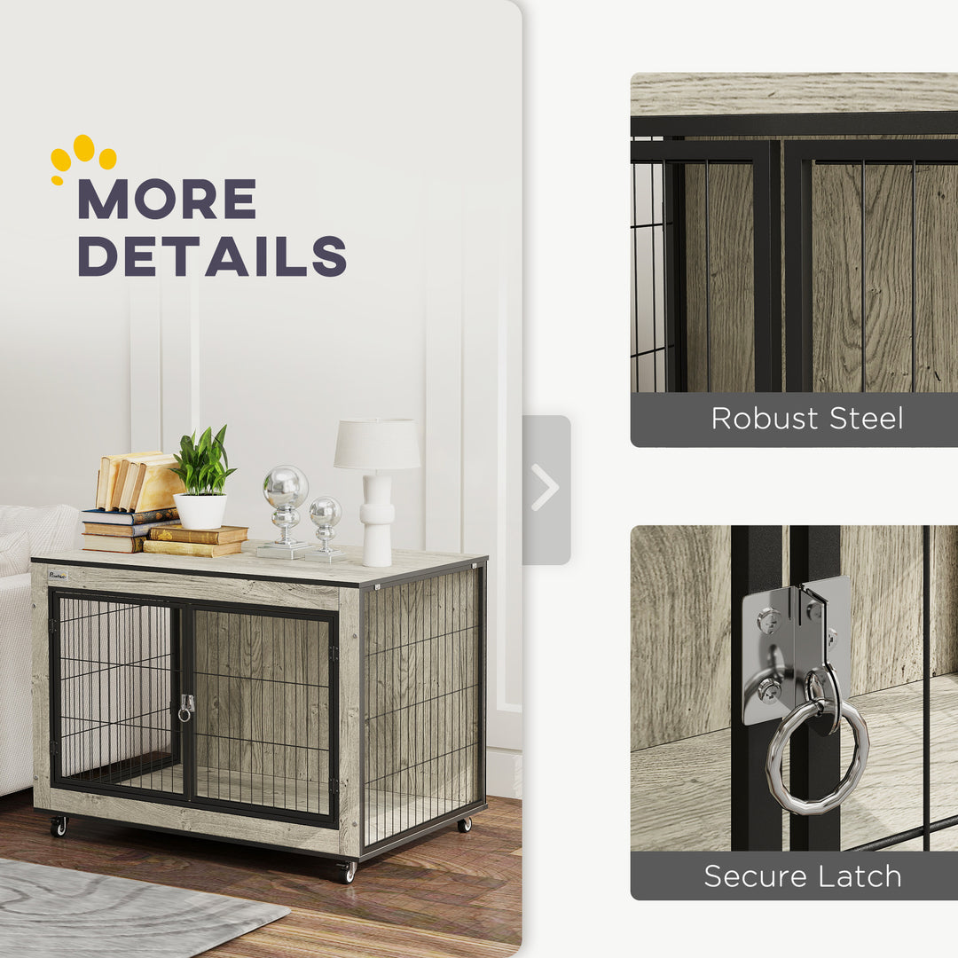 Dog Crate Furniture with Wheels, Double Doors, for Medium Dogs, Grey