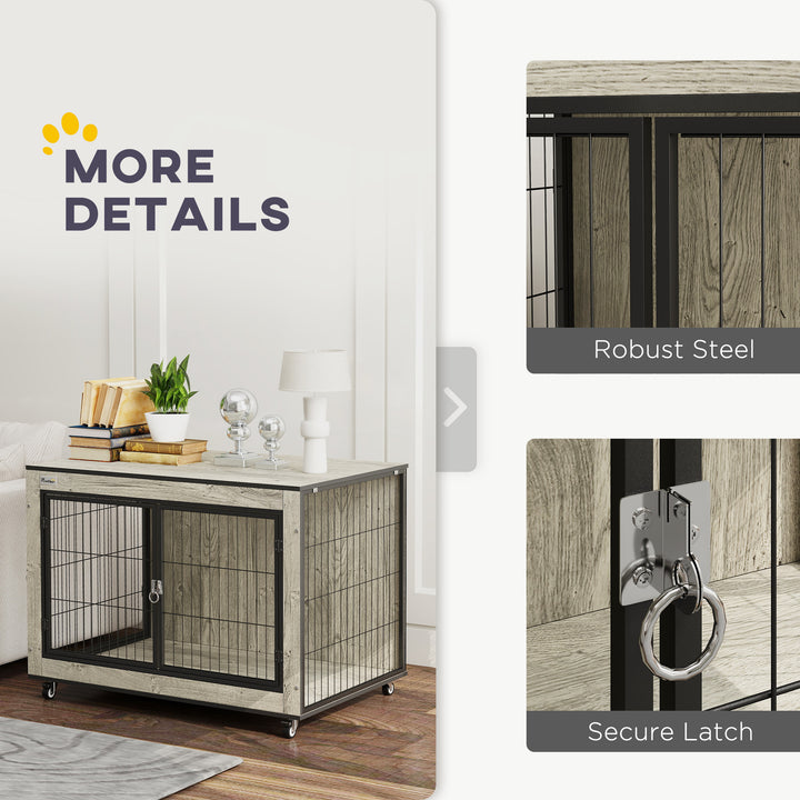 Dog Crate Furniture with Wheels, Double Doors, for Medium Dogs, Grey