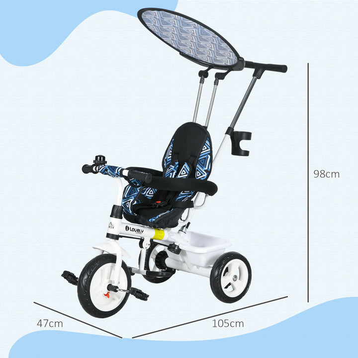 HOMCOM 4 in 1 Tricycle for Kids with 5-point harness straps, Removable Canopy, Blue | Aosom UK