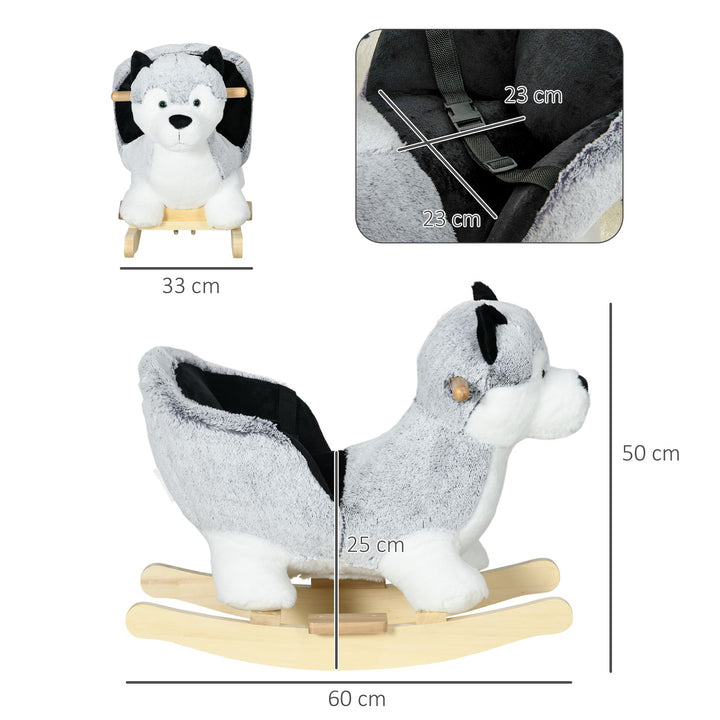 HOMCOM Baby Rocking Horse, Husky-shaped Plush Wooden Child Rocking Animal w/ Seat Belt, Ride on Toy for Kids 18-36 Months, Grey | Aosom UK