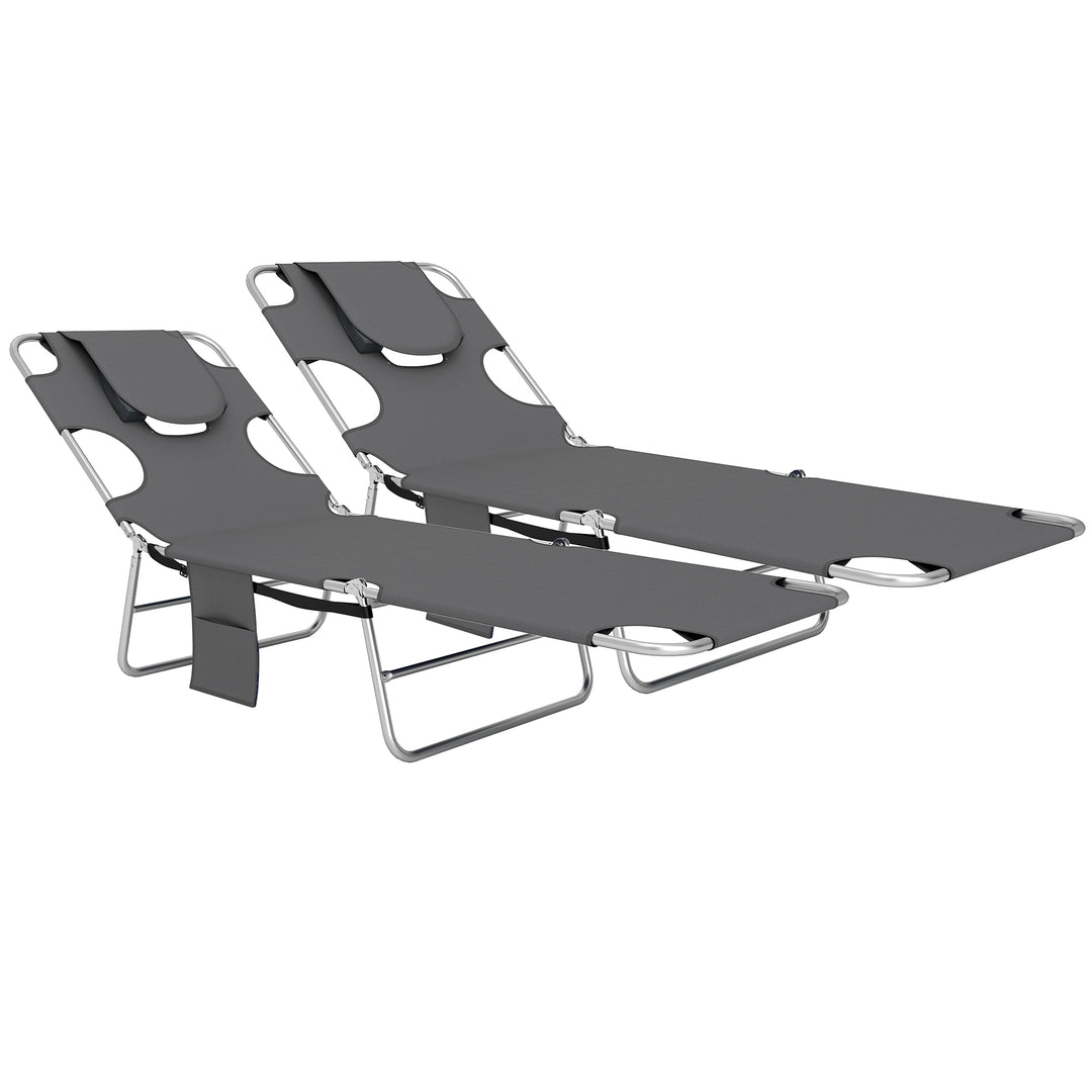 Foldable Sun Lounger Set of 2, Beach Chaise Lounge with Reading Hole, Arm Slots, 5-Position Adjustable Backrest, Side Pocket, Pillow for Garden, Beach, Pool, Dark Grey