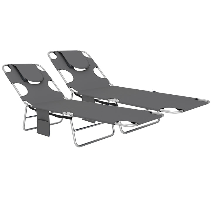 Foldable Sun Lounger Set of 2, Beach Chaise Lounge with Reading Hole, Arm Slots, 5-Position Adjustable Backrest, Side Pocket, Pillow for Garden, Beach, Pool, Dark Grey