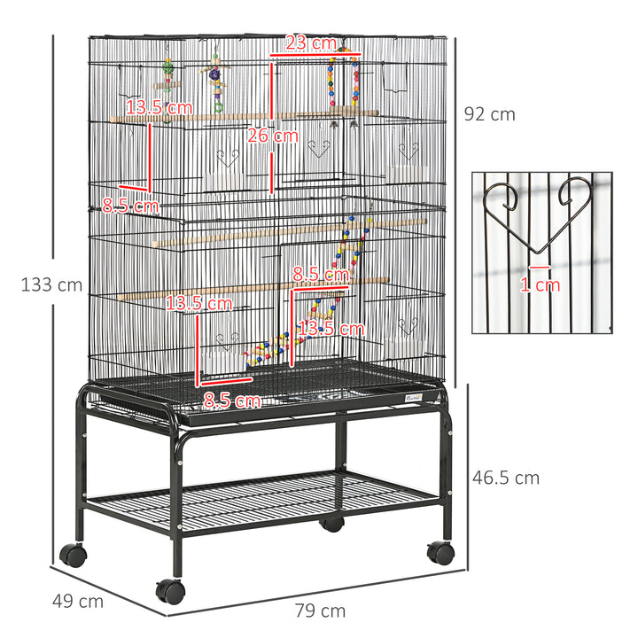 PawHut Steel Budgie Cage 133cm High with Stand, Slide-Out Tray, Toys, Storage Shelf for Canaries, Finches, Lovebirds, Parakeets, Black | Aosom UK