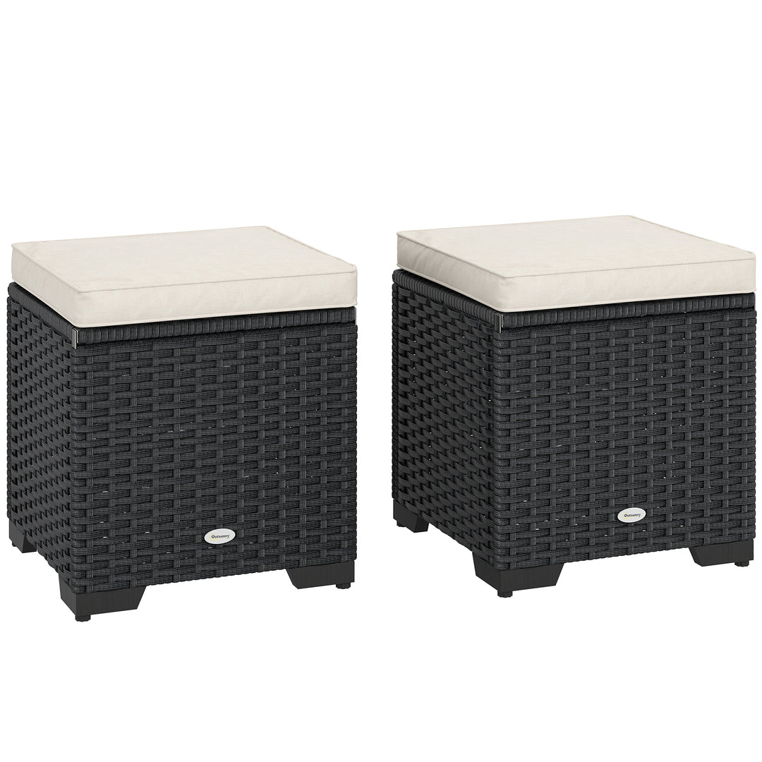 Set of 2 Rattan Storage Ottoman, Outdoor Footstool with Removable Cushions, Garden Storage Seat for Balcony, Porch, Living Room, Cream