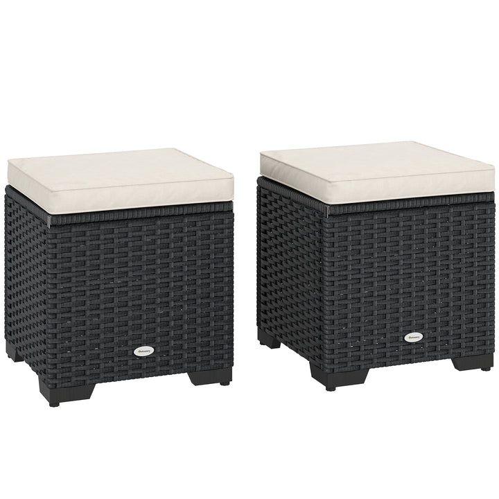 Set of 2 Rattan Storage Ottoman, Outdoor Footstool with Removable Cushions, Garden Storage Seat for Balcony, Porch, Living Room, Cream