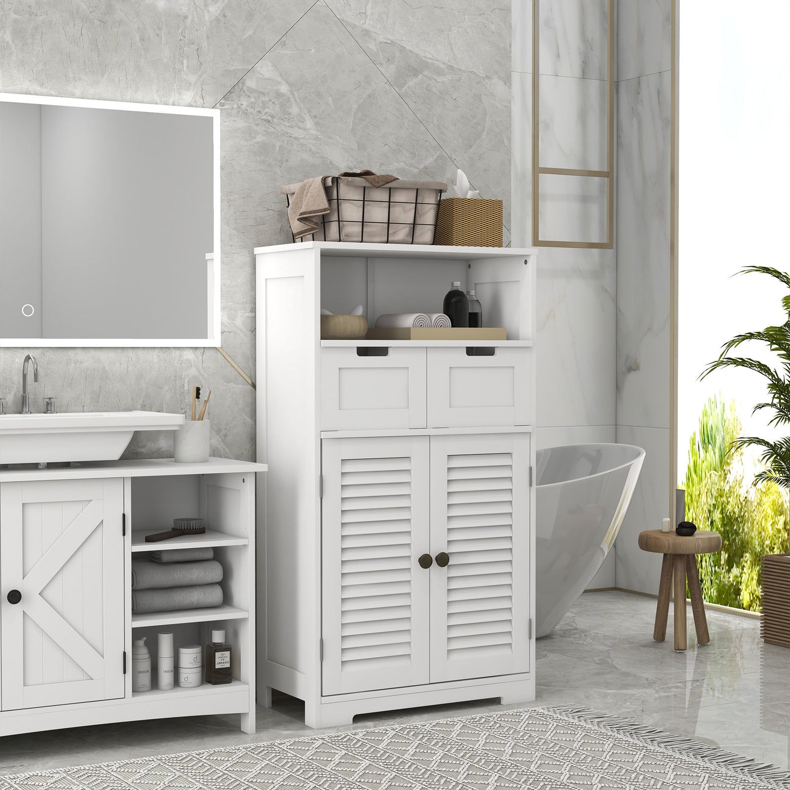 Three-Part Bathroom Storage Unit, with Shelf, Drawers & Cupboard - White