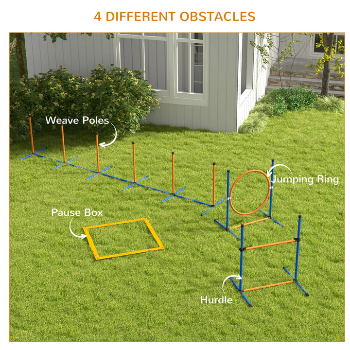 Dog Agility Training Equipment with Weave Poles, Jump Ring, Pause Box, Adjustable Hurdle, Carry Bag, Orange