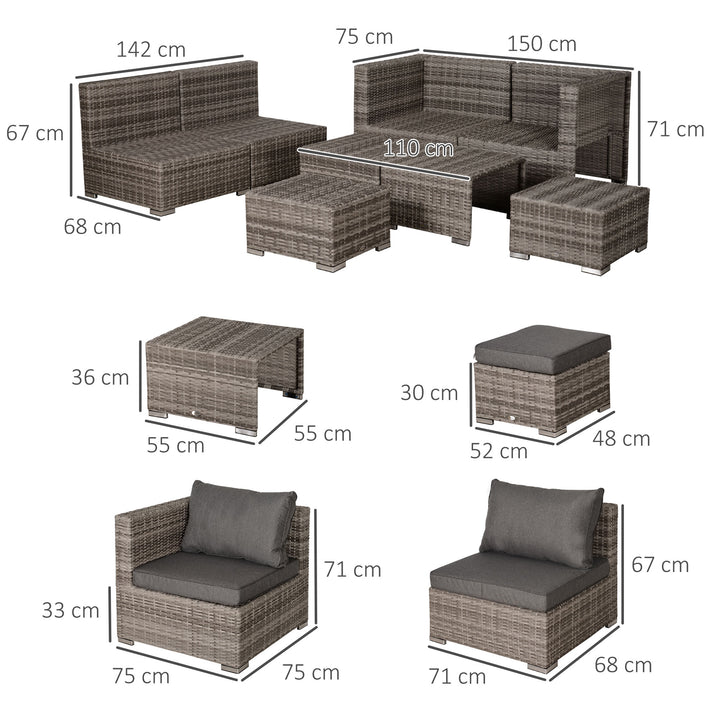 MCL 8 Pieces Rattan Garden Furniture Set, Garden Corner Sofa Set with 4 Chairs, 2 Footstools, 2 Coffee Tables and Cushions, Space-Saving Design, No Assembly Required, Grey