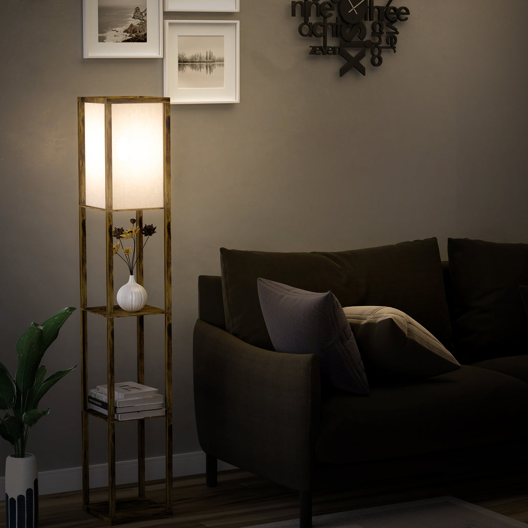 3-Tier Floor Lamp, Floor Light with Storage Shelf, Reading Standing Lamp with Acrylic Shade for Living Room, Bedroom, Kitchen, Dining Room, Office, Dorm, 160cm, Brown