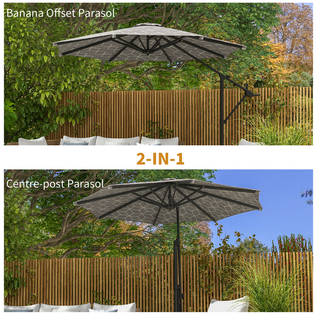 3(m) Convertible Cantilever Parasol and Centre-post Garden Parasol with Cross Base, 360° Rotation Banana Parasol with Crank Handle and 8 Ribs, Hanging Patio Umbrella, Black and White