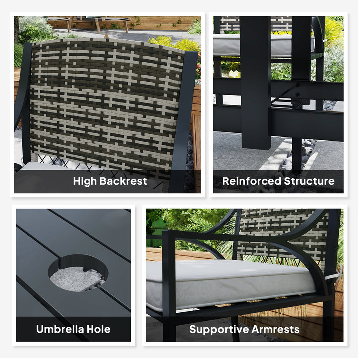 Rattan Garden Furniture Set with Cushions, 6 Seater Rattan Dining Set with 6 Armchairs, 150 x 96cm Rectangular Table, Umbrella Hole, for Outdoor, Patio, Balcony, Terrace, Conservatory