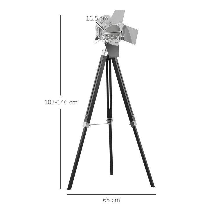 Industrial Tripod Floor Lamp, Nautical Cinema Standing Spotlight with Wood Legs and Adjustable Height for Living Room, Bedroom, Black and Silver