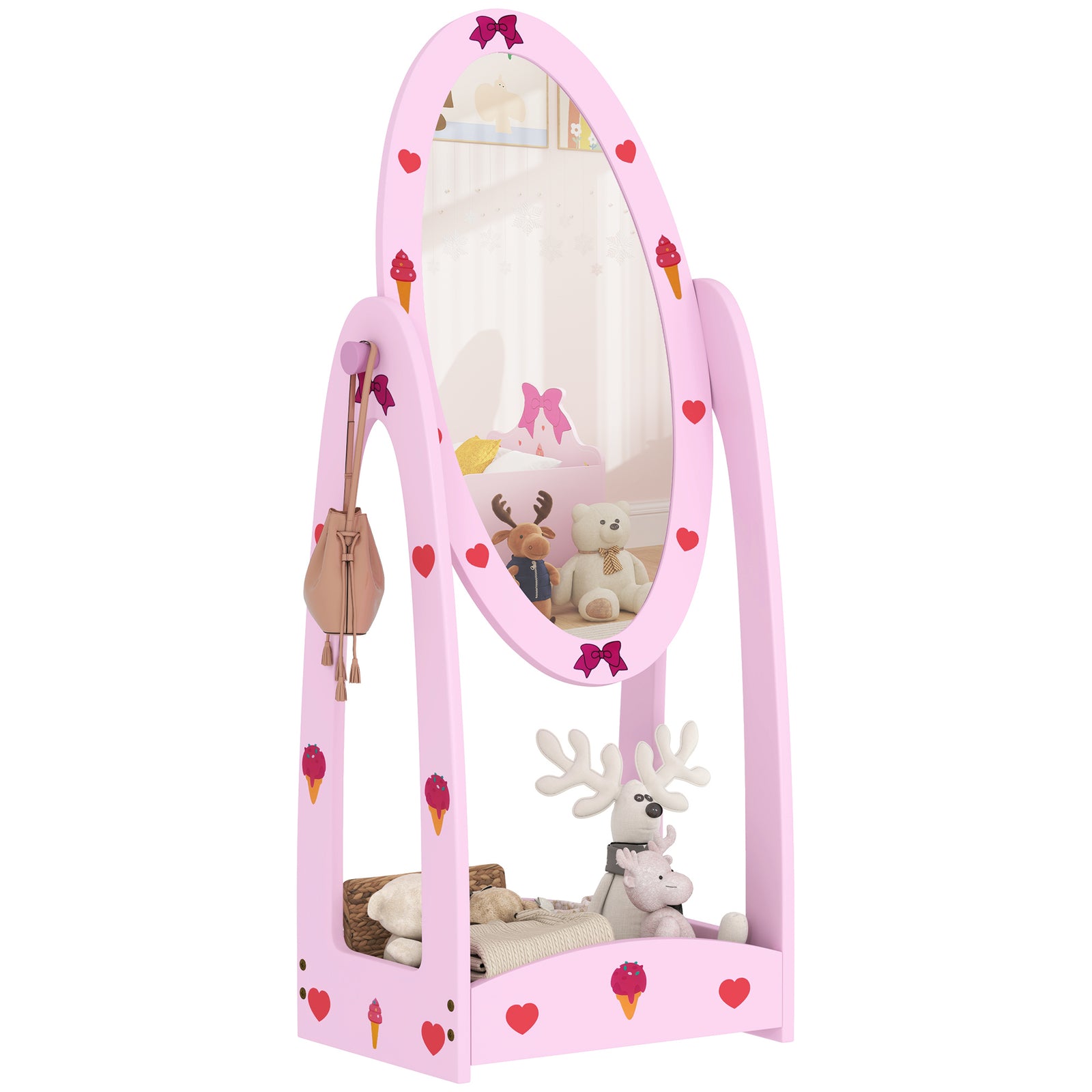 AIYAPLAY Kids Full Length Mirror, 360° Rotating Children Standing Mirror with Storage Shelf, Pink