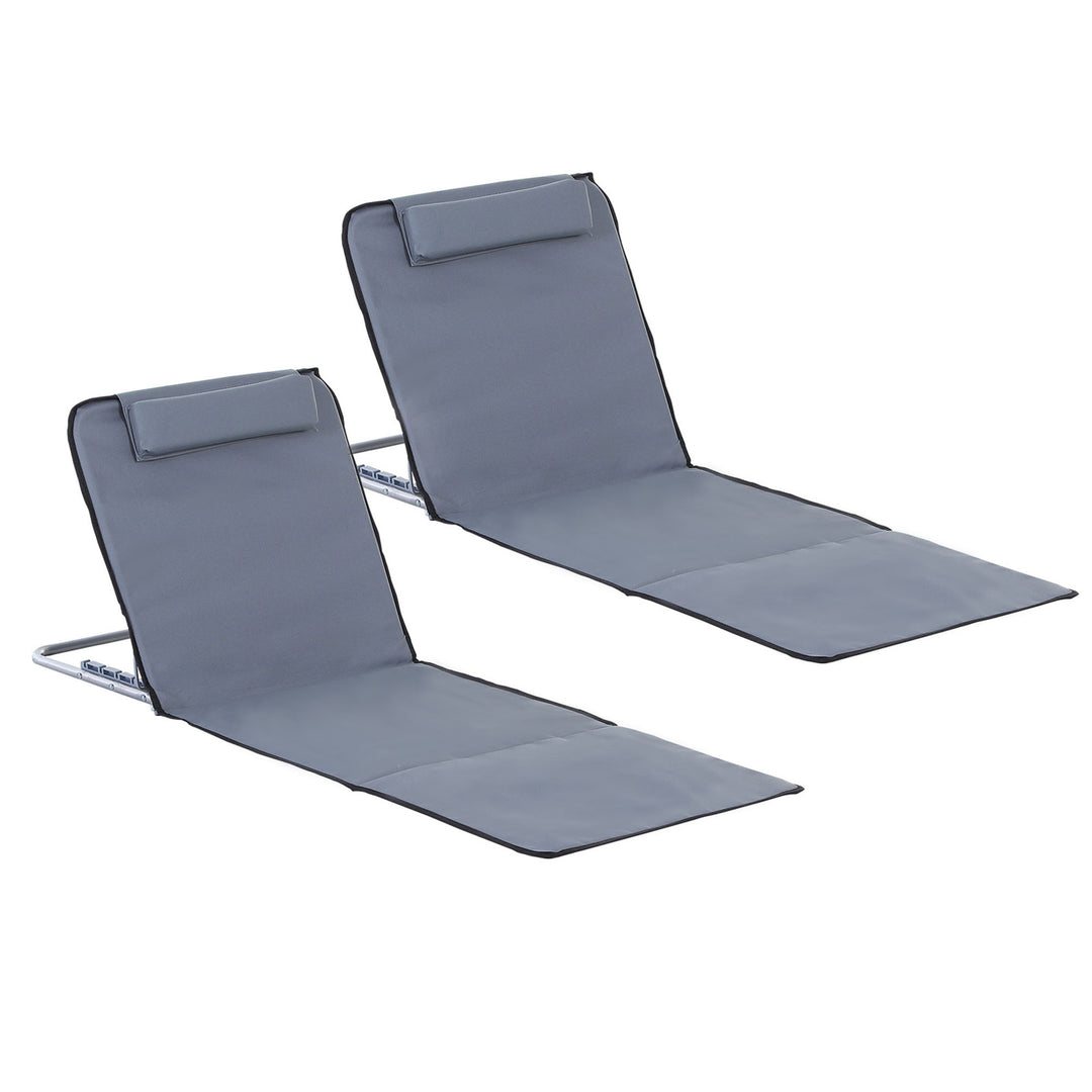 Set of 2 Foldable Garden Beach Chair Mat Lightweight Outdoor Sun Lounger Seats Adjustable Back Metal Frame PE Fabric Head Pillow w/ Carry Bag,Grey