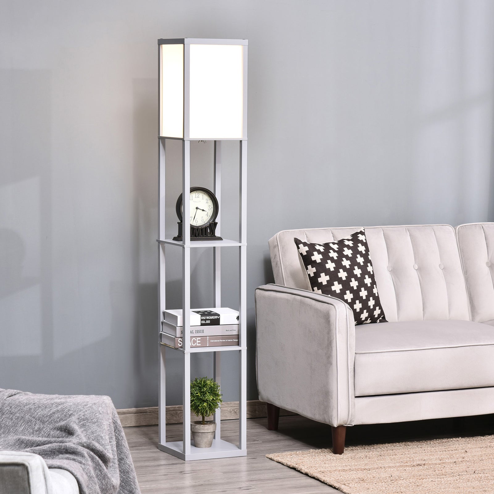 3-Tier Floor Lamp, Floor Light with Storage Shelf, Reading Standing Lamp with Acrylic Shade for Living Room, Bedroom, Kitchen, Dining Room, Office, Dorm, 160cm, Grey