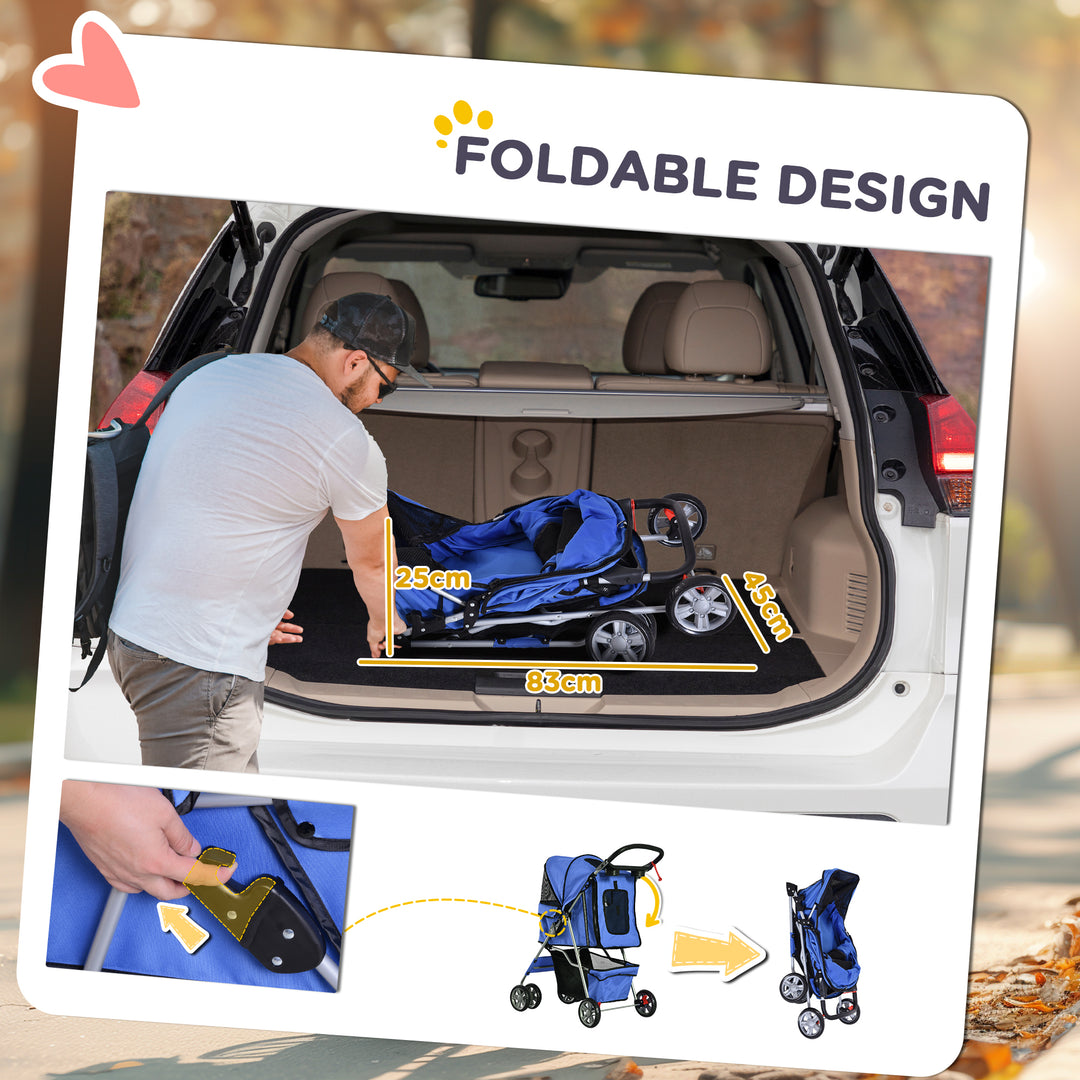 Pet Stroller for Small Miniature Dogs Cats Foldable Travel Carriage with Wheels Zipper Entry Cup Holder Storage Basket Blue
