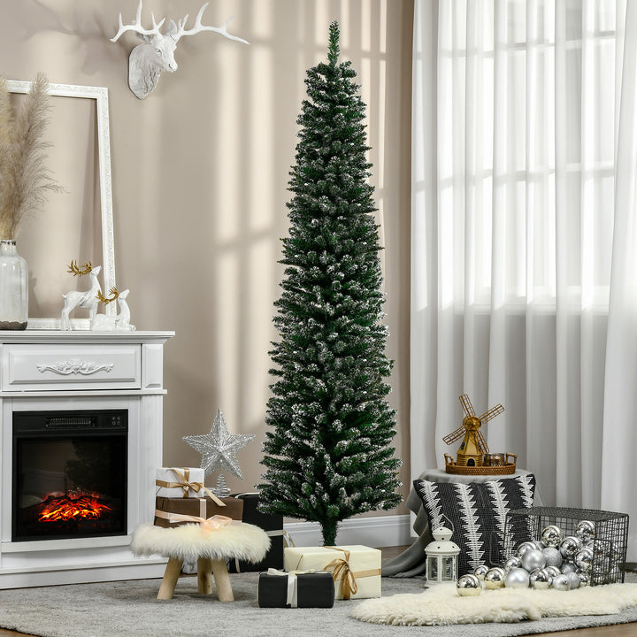 6FT Artificial Snow Dipped Christmas Tree Xmas Pencil Tree Holiday Home Indoor Decoration with Foldable Black Stand, Green