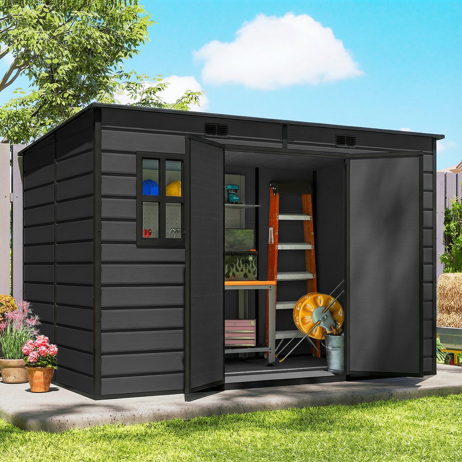 10 x 6 ft Resin Garden Shed, Outdoor Storage Shed with Floor, Windows,