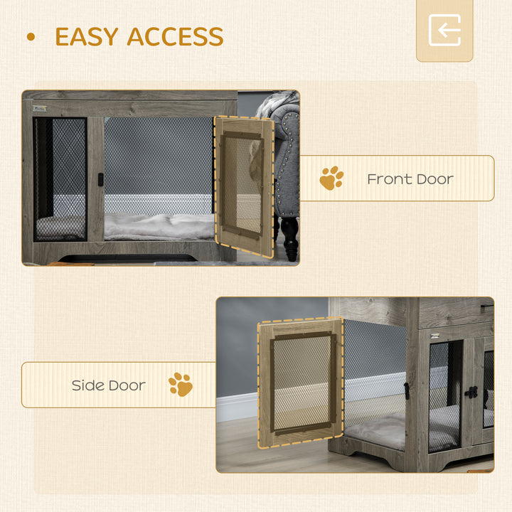 Dog Cage End Table with Two Doors, Drawer, for Medium Dogs - Grey