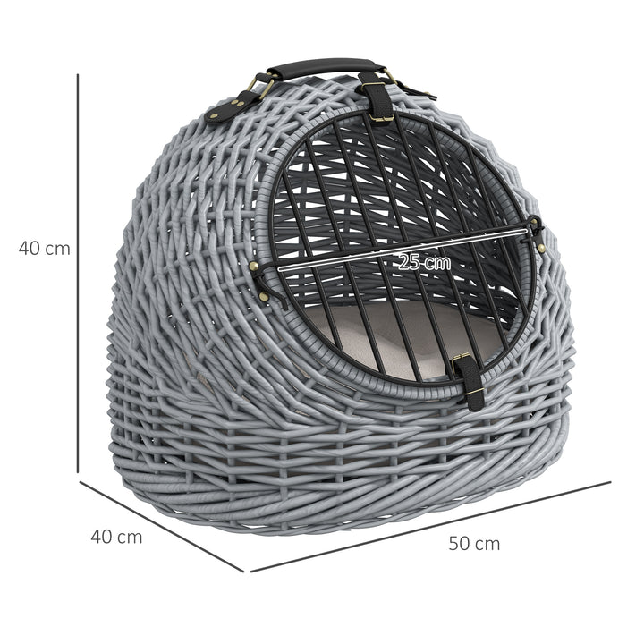 Wicker Pet Carrier Basket Cat Kitten Bed Portable Travel Cage w/ Soft Cushion Handle Grey 50 x 40 x 40 cm