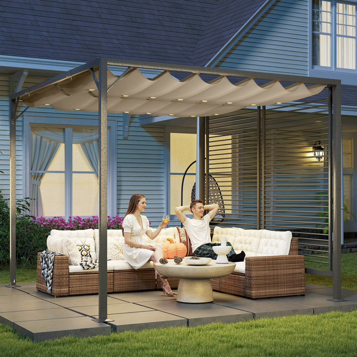 3 x 2.8m Metal Pergola, with Retractable Fabric Roof - Beige