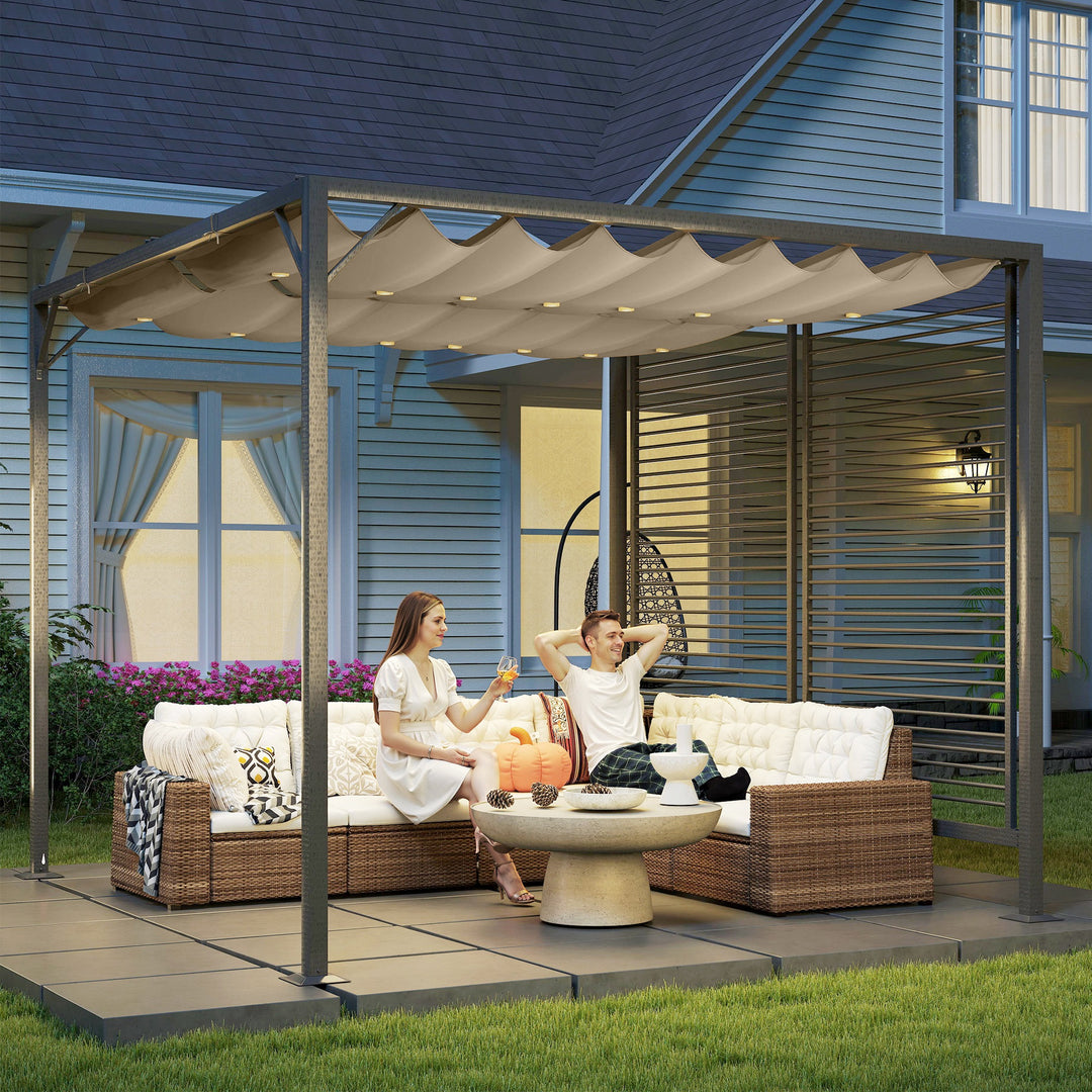 MCL 3 x 2.8m Metal Pergola, with Retractable Fabric Roof - Beige