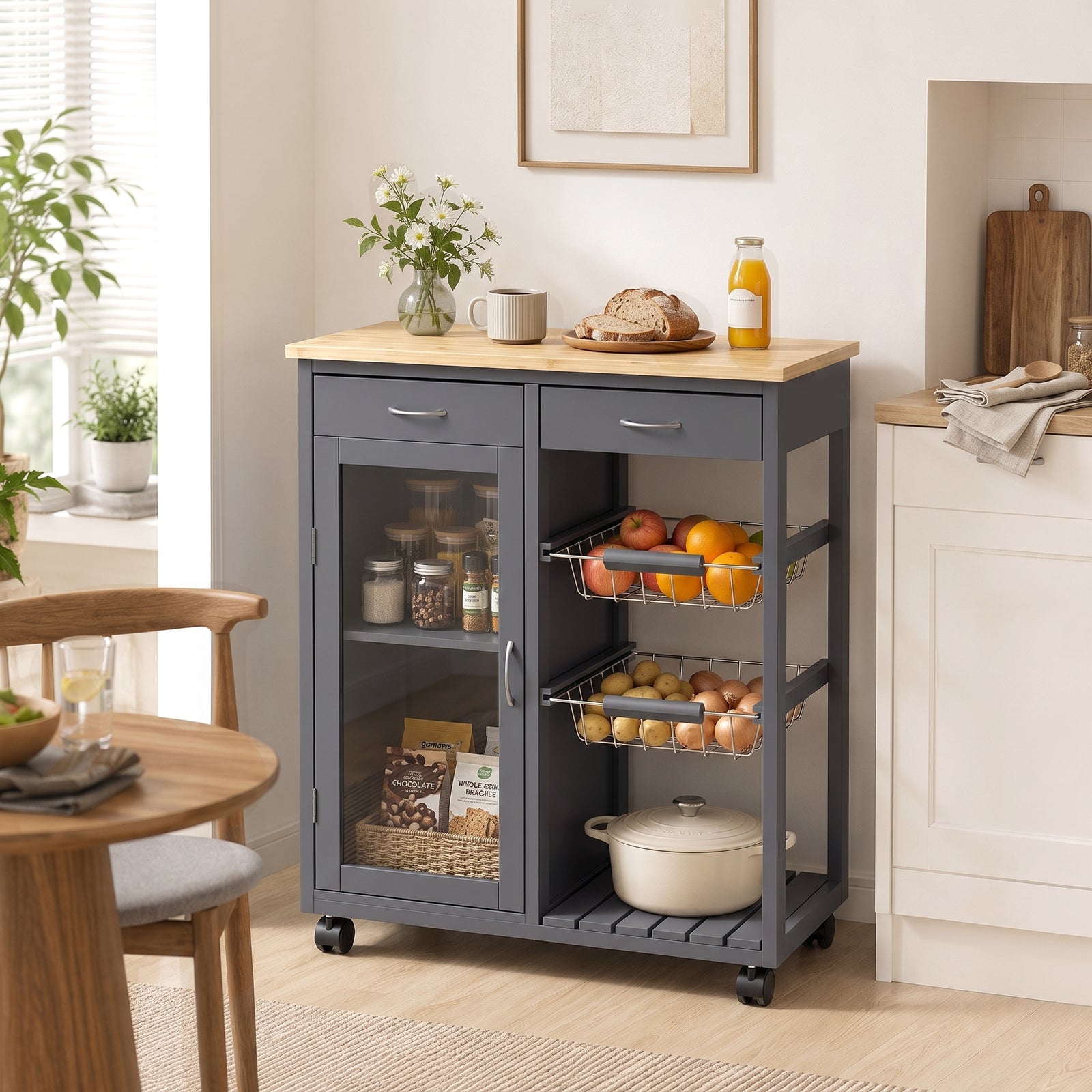 Bamboo Kitchen Island, Rolling Kitchen Trolley with Glass Door, 2 Meta