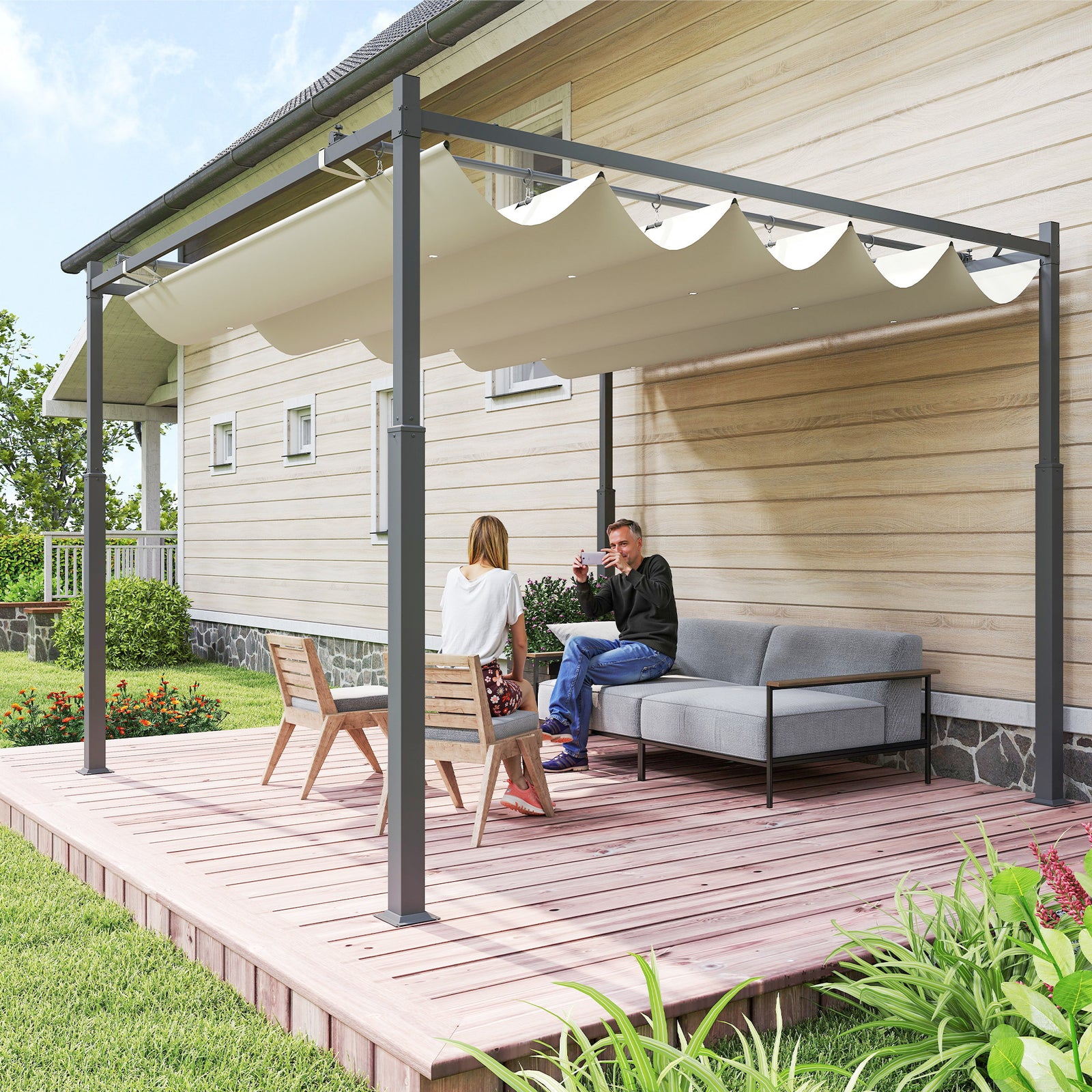 3 x 3(m) Metal Pergola with Retractable Roof and Magnetic Fixture, Outdoor Gazebo Garden Pergola Kit Sun Shade Canopy, UPF30+, 80mm Metal Column, Cream White