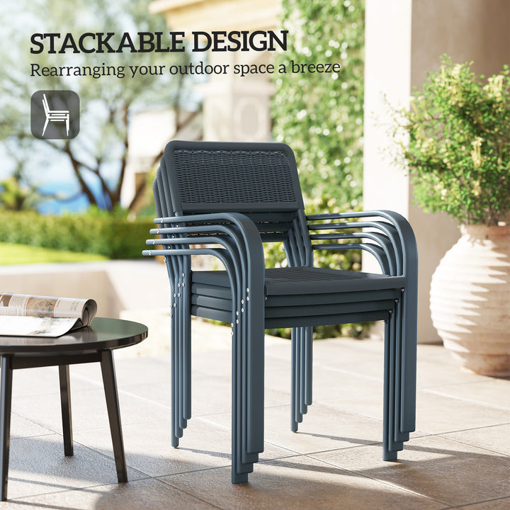 Garden Chairs Set of 4, Stackable Rattan Effect Dining Chairs with Armrest, Weather Resistant and Lightweight Outdoor Furniture Armchairs for Patio, Balcony, Terrace, Dark Grey