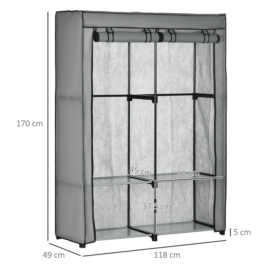 HOMCOM Portable Wardrobe, Fabric Cabinet, Foldable Clothes Organiser with 4 Shelves, 2 Hanging Rails, 118 x 49 x 170 cm, Light Grey.