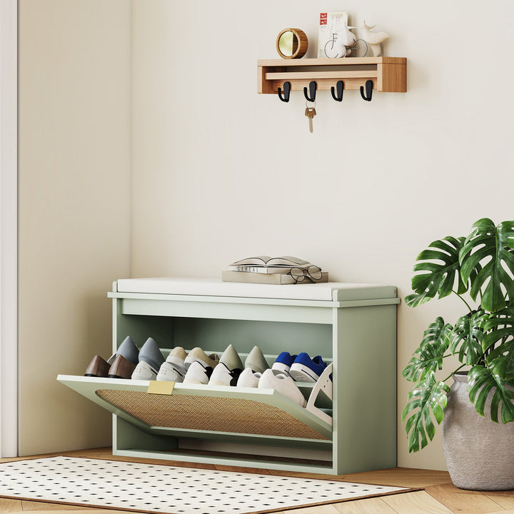 Boho Shoe Bench with Padded Seat and Flip-Drawer