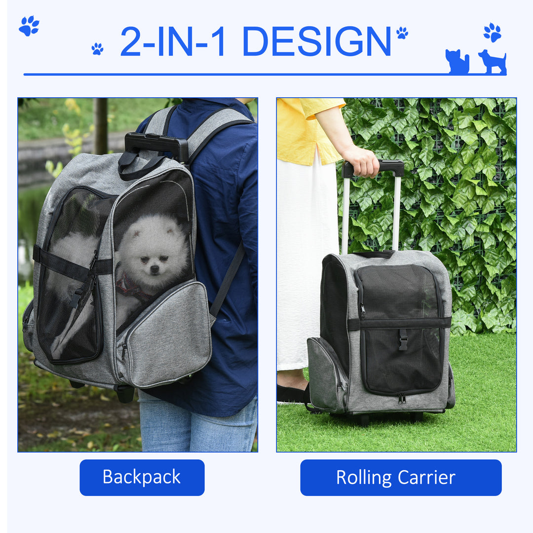 Pet Travel Backpack Bag Cat Puppy Dog Carrier w/ Trolley and Telescopic Handle Portable Stroller Wheel Luggage Bag (Grey)
