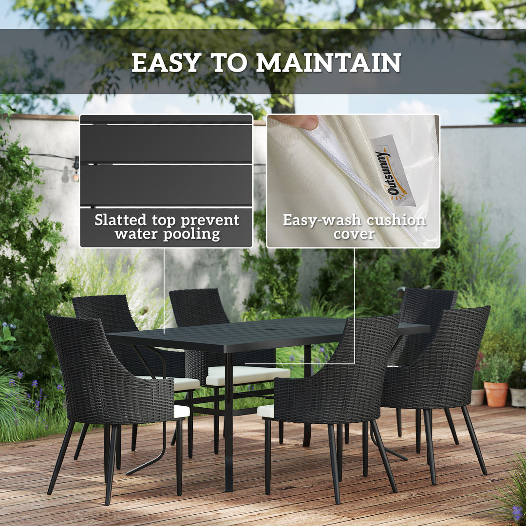 6 Seater Rattan Dining Set with Cushions, Garden Furniture Set with Armchairs, Rectangle Slatted Table Top, Steel Frame, Parasol Hole, Wicker Outdoor Furniture for Patio, Balcony, Cream White