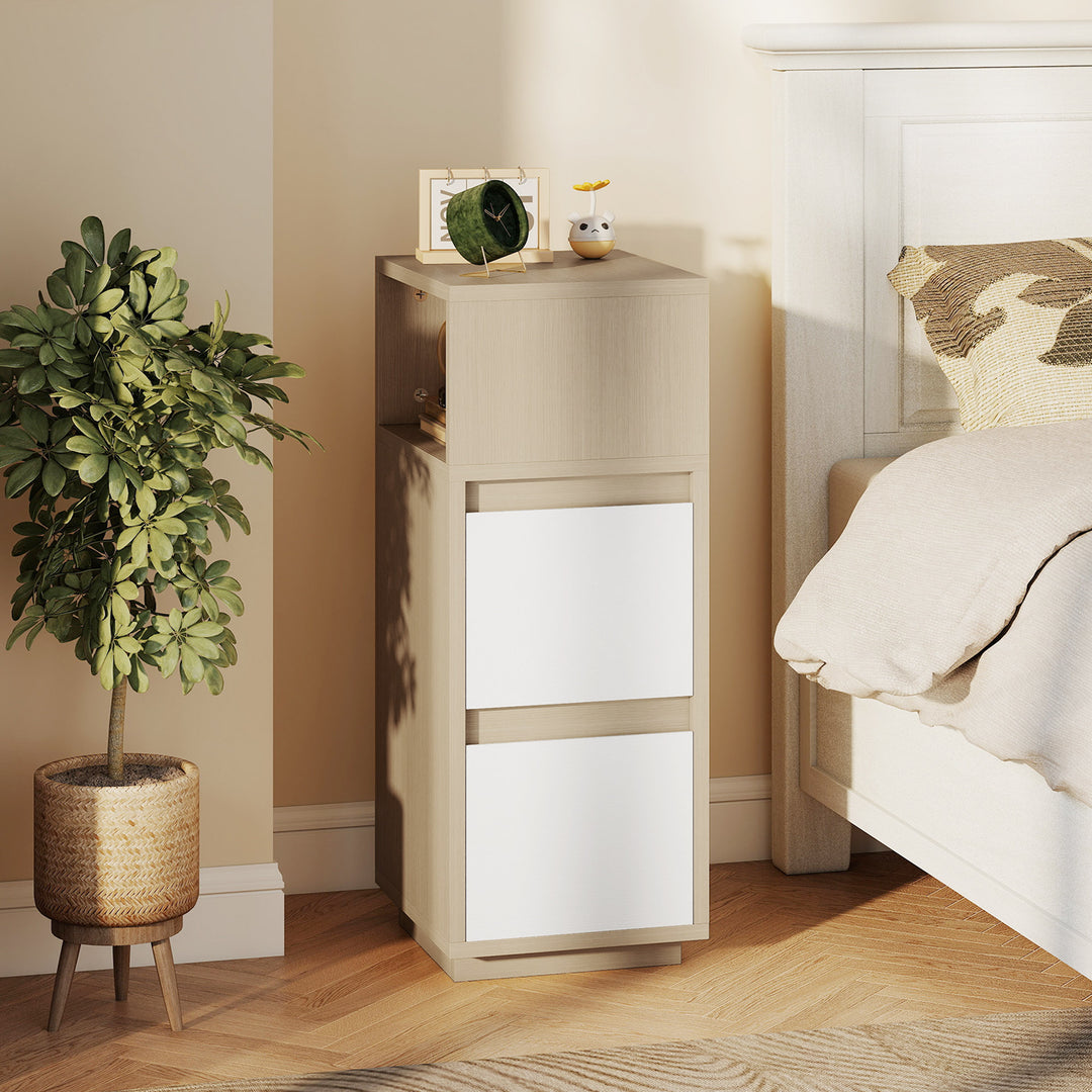 Slim Bedside Table, Narrow Bedside Cabinet with Open Shelf and 2 Drawers for Bedroom, Living Room