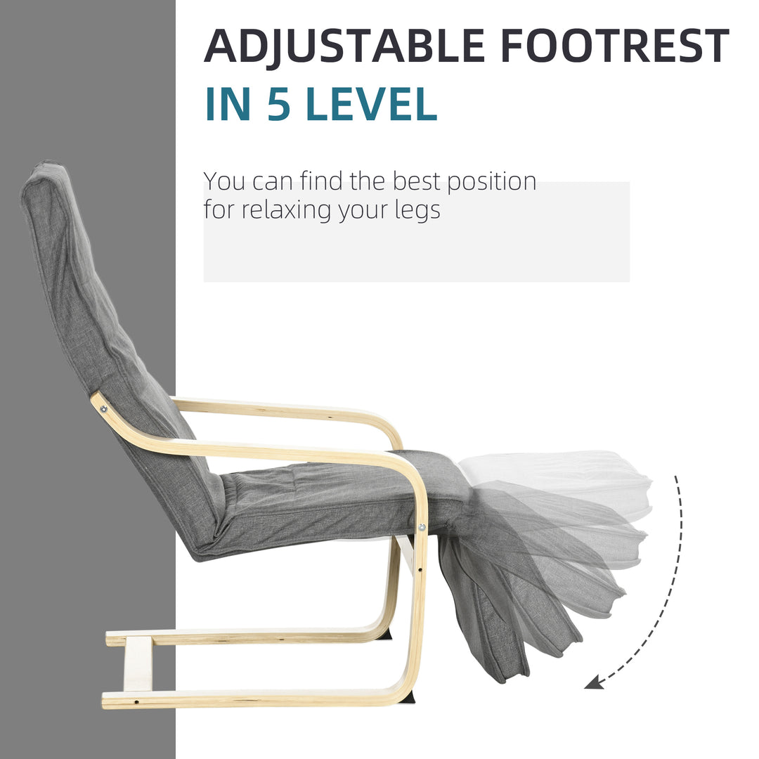 Wooden Armchair, Upholstered Linen Lounge Chair with Adjustable Footrest & Removable Cushion, Poang Chair for Living Room, Dark Grey