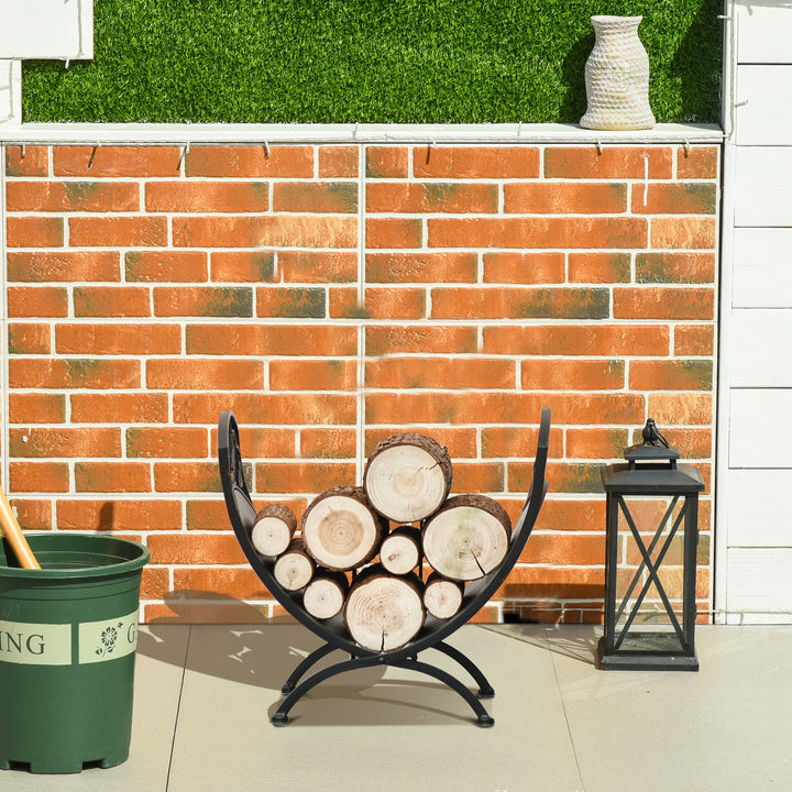 Metal Arced Firewood Log Holder Indoor Outdoor Folding Firewood Rack Fireplace Wood Storage Shelf w/ Leaf Pattern Design, Black, 43.5W x 36.5D x 41H cm