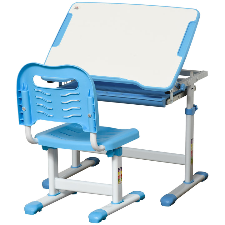 HOMCOM Kids Desk and Chair Set Height Adjustable Student Writing Desk Children Study Table w/ Desktop, Drawer, Pen Slot, Hook Blue | Aosom UK