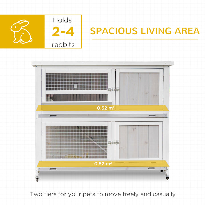 Wooden Pet Hutch, Two-Tier Cage with Rain Cover, Wheels, White