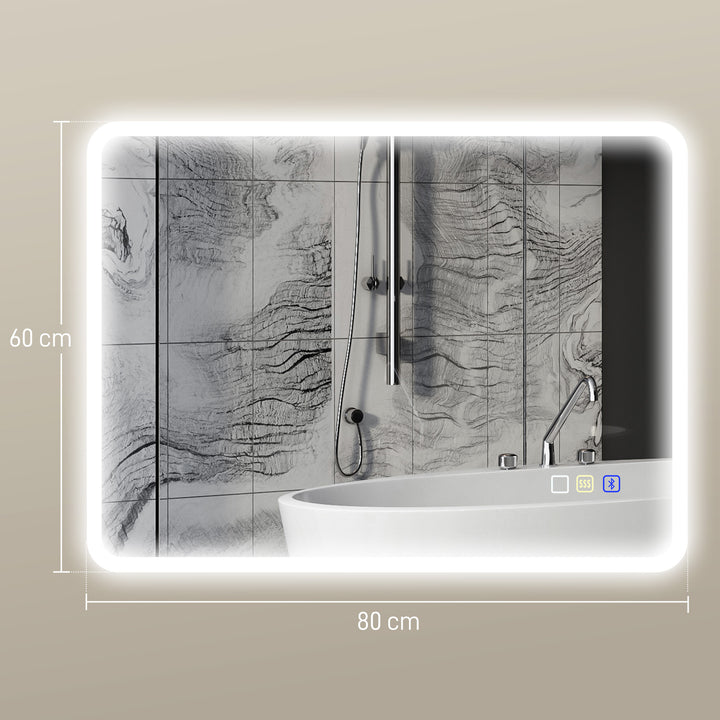 80 x 60cm LED Bathroom Mirror, with Bluetooth - Silver Tone