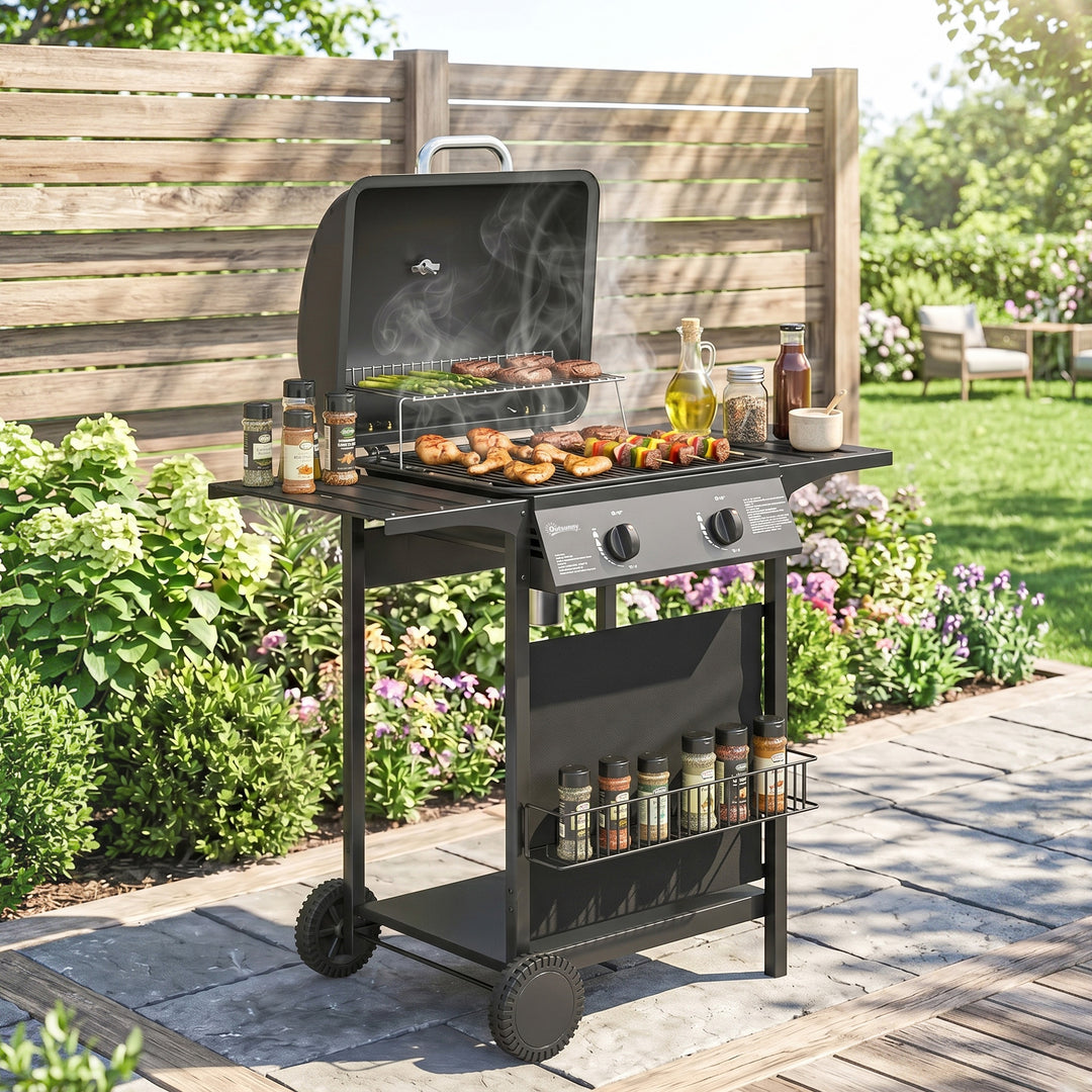 Gas Burner Barbecue Grill, 2 Burner Gas Grill with Side Tables, Warmin