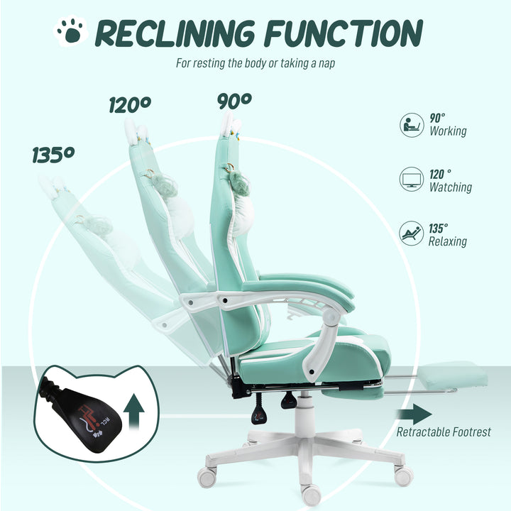 Cat Ear and Paw Reclining Office Chair, with Footrest - Light Blue/White