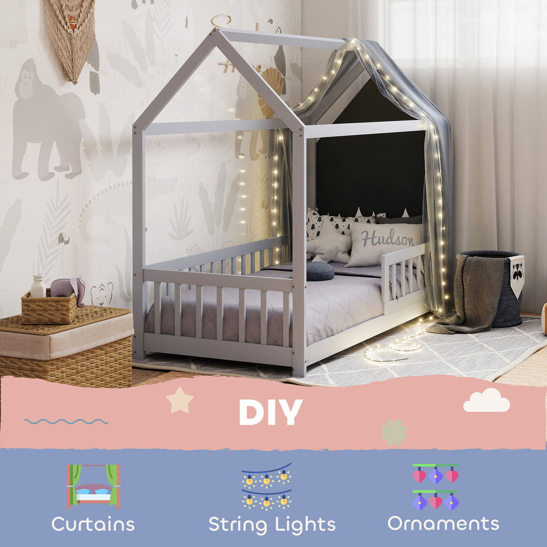House-Shaped Kids Bed Frame with Guard Rails, Solid Pine Wood Single B