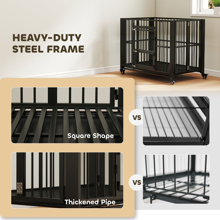43" Heavy Duty Dog Crate, Foldable Dog Cage, with Openable Top, Locks, Removable Tray, Wheels - Black