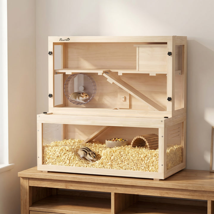 Wooden Hamster Cage with Hut, Wheel, Ramps, Removable Viewing Panels, 