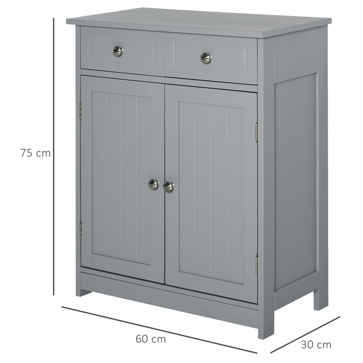 75x60cm Freestanding Bathroom Storage Cabinet Unit w/ 2 Drawers Cupboard Adjustable Shelf Metal Handles Traditional Style Grey