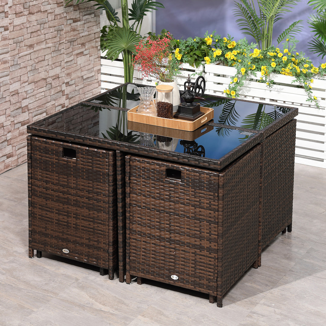8 Seater Rattan Cube Garden Furniture Set, Rattan Dining Set with Cushions, Outdoor Dining Table and Chairs with 4 Armchairs, 4 Stools, Square Glass Top Table for Patio, Balcony, Brown