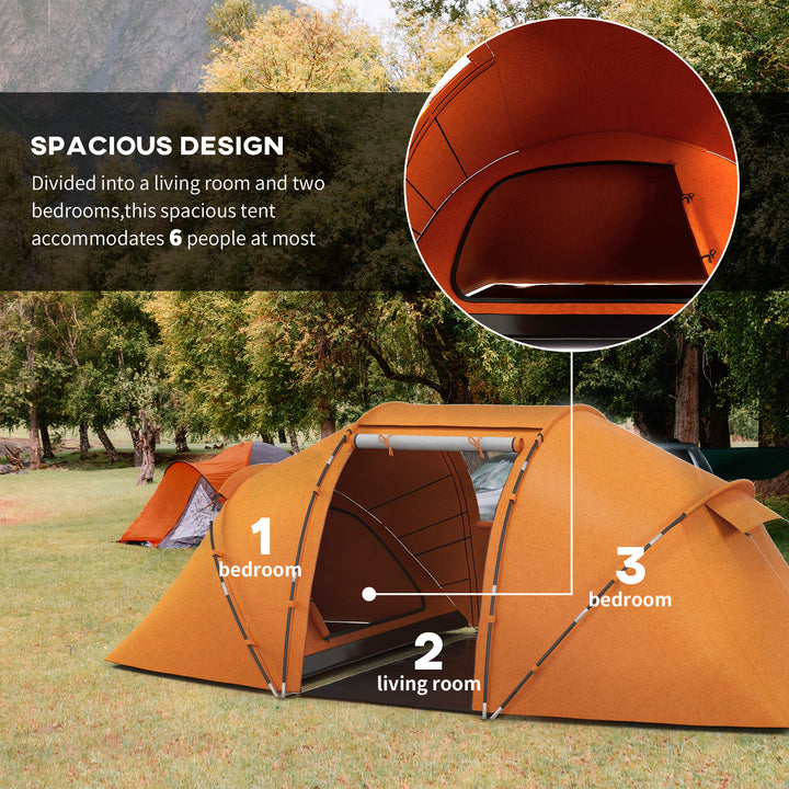 4-6 Man Camping Tent with Living Area and 2 Bedrooms, Hiking Sun Shelter, UV Protection Tunnel Tent, Orange