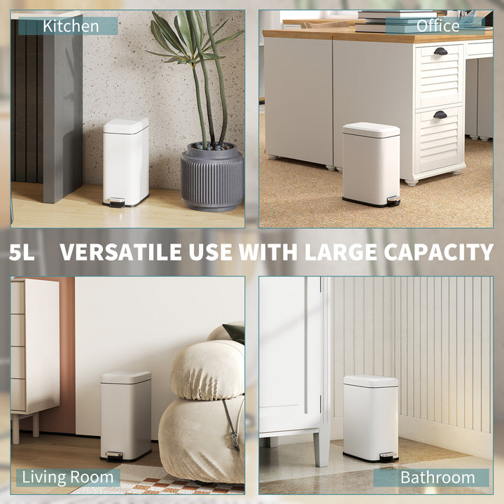 5L Rectangular Compact Bin Steel Body Removable Bucket Quiet-Close Lid w/ Pedal Lid Rubbish Trash Can Home Office Bedroom Bathroom Living Room Garbage Tidy Clean White
