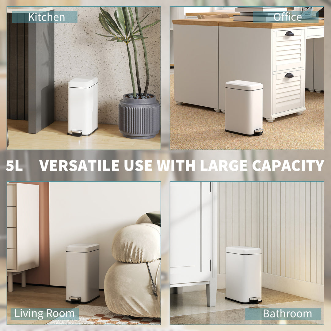 MCL 5L Rectangular Compact Bin Steel Body Removable Bucket Quiet-Close Lid w/ Pedal Lid Rubbish Trash Can Home Office Bedroom Bathroom Living Room Garbage Tidy Clean White